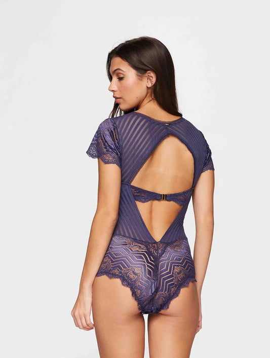 Valisere Bodysuit geometry pattern and lace - Blue