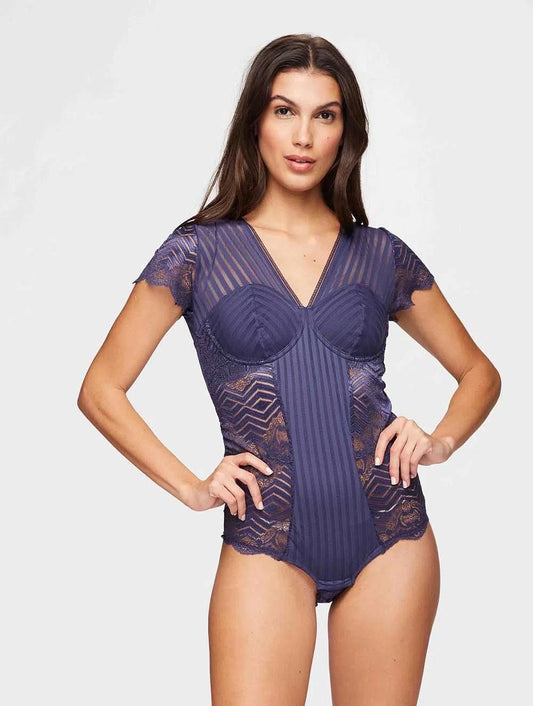 Valisere Bodysuit geometry pattern and lace - Blue