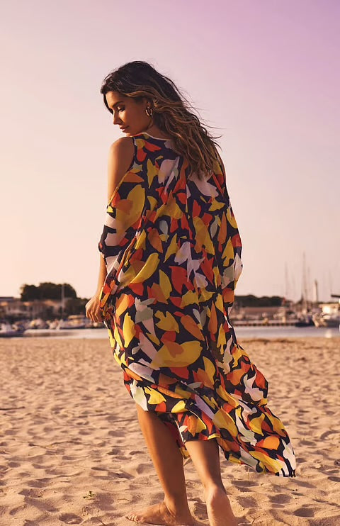 Panache Tammy Long Kaftan Puglia Print beach view