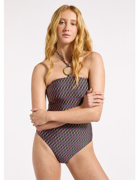 JETS Paloma Halter Swimsuit in Chocolate with multicoloured print and green ring