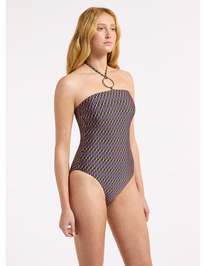 JETS Paloma Halter Swimsuit in Chocolate with multicoloured print and green ring