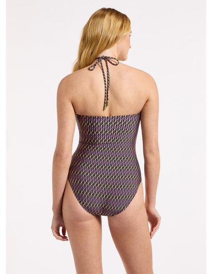JETS Paloma Halter Swimsuit in Chocolate with multicoloured print and green ring
