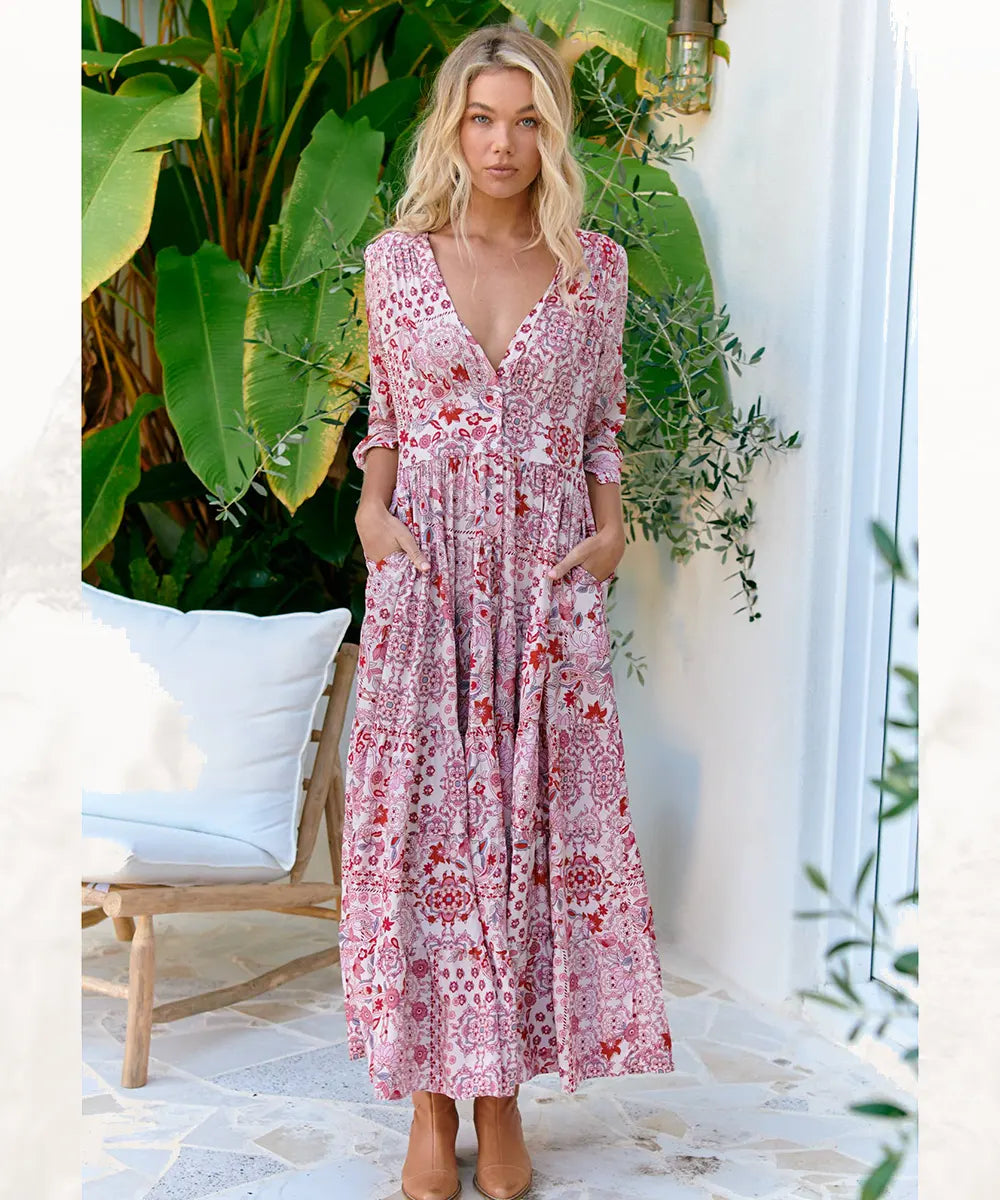 Jaase Ruby Red Print Berry Maxi Dress